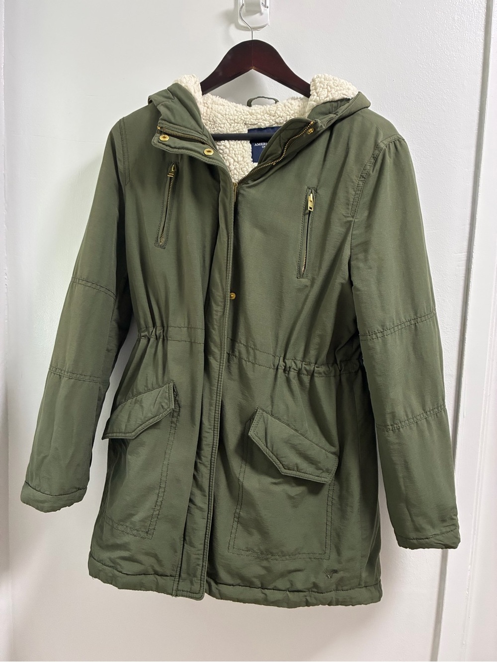 American Eagle Outfitters Olive Green Hooded Sherpa Utility Jacket